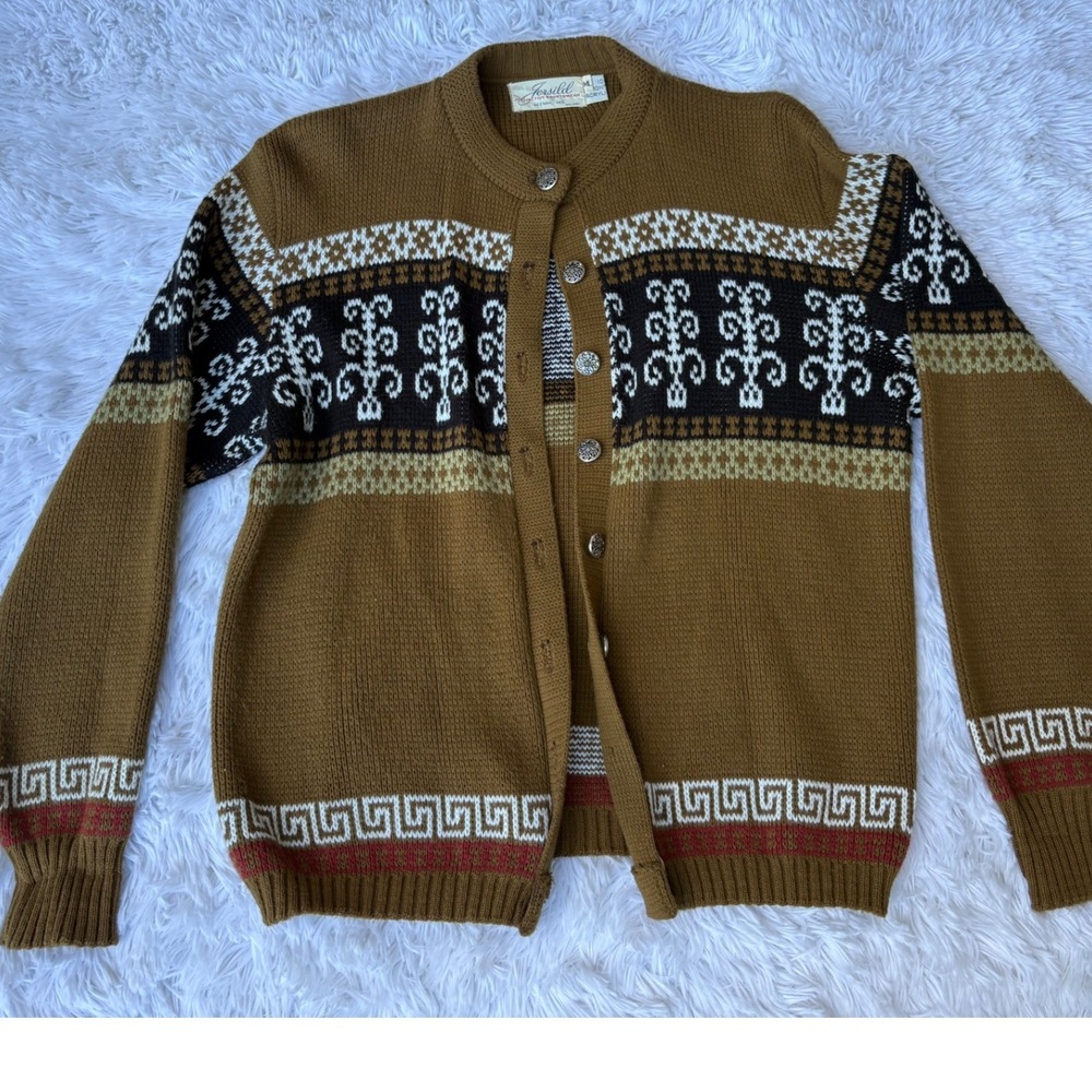 Vintage 60s Jersild Nordic Cardigan Sweater Womens M L Brown Fair Isle Orlon USA